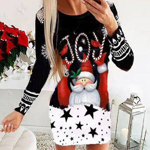 Langärmliges, sexy Kleid mit Weihnachtsdruck und Rundhalsausschnitt