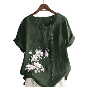 Kurzärmlige Bluse aus Baumwolle und Leinen mit Blumenmuster